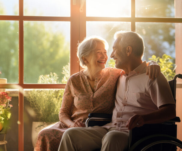 Älteres Paar sitzt zusammen, Mann im Rollstuhl, Frau legt Arm um ihn, Sonnenlicht durch Fenster im Hintergrund