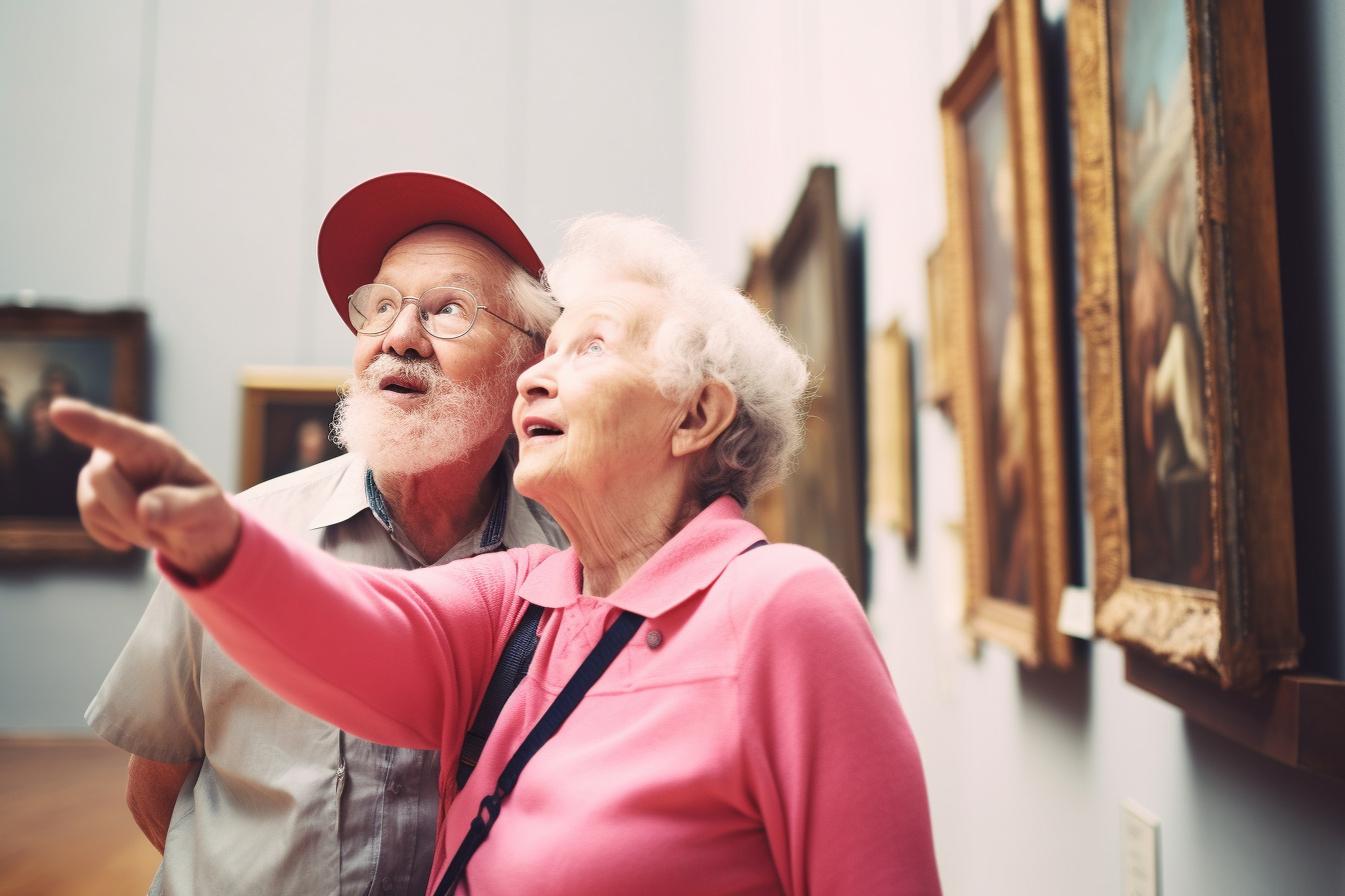 Ältere Frau in rosa Pullover zeigt auf ein Gemälde in einer Kunstgalerie, ein Mann mit roter Kappe steht neben ihr