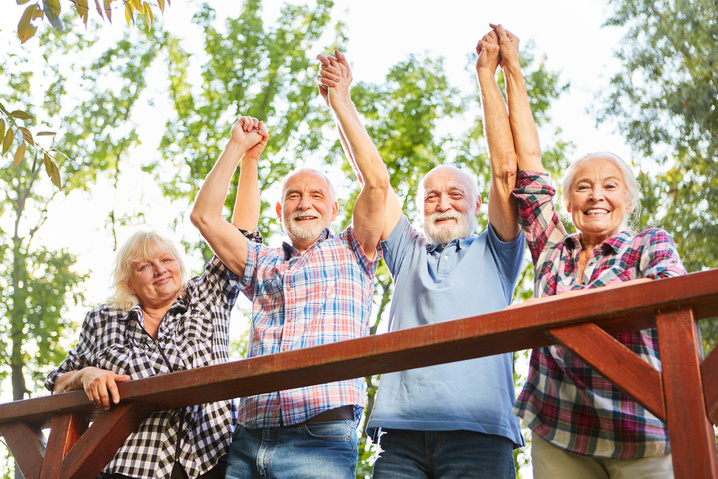 Vier Personen in Freizeitkleidung stehen hinter einem Holzzaun und halten ihre Hände gemeinsam in die Luft