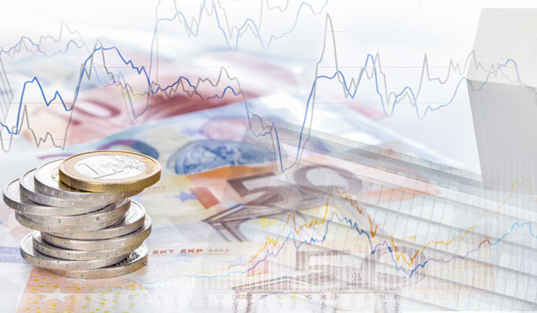 Collage mit Aktienkursen und Geld.