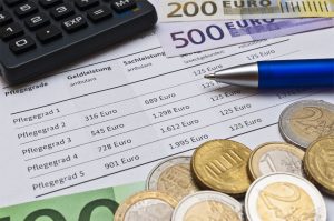 Formular Pflegegeld. was steht einem bei welchem Pflegegrad zu. Daneben taschenrechner und Geld.