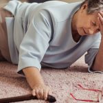 Seniorin ist gestürzt und liegt auf dem Wohnzimmerteppich.