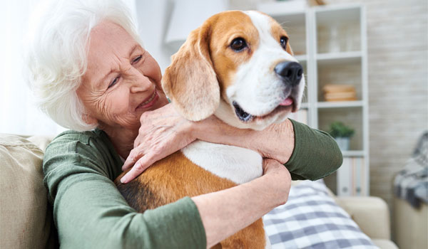 Eine ältere Dame kuschelt auf der Couch ihren Hund.