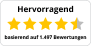 Fünf Sterne, vier in Gelb und einer in Grau, mit dem Text 'Hervorragend' und 'basierend auf 1.497 Bewertungen'.