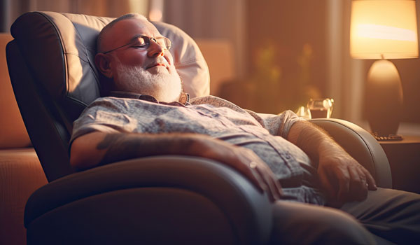 Ein Senior sitzt in seinem bequemen Sesse.