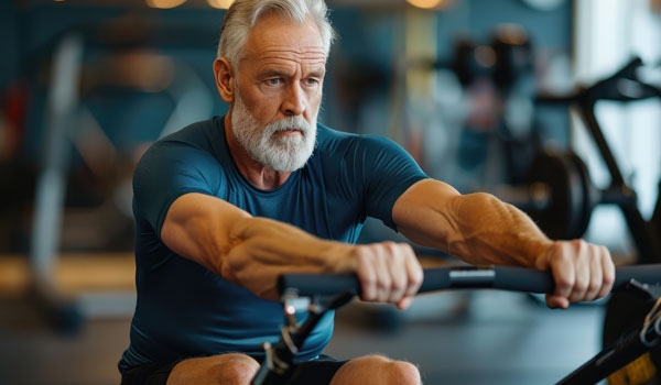 Ein Senior trainiert an einem Rudergerät.