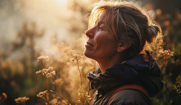 Eine Seniorin wandert bewußt durch die Natur.