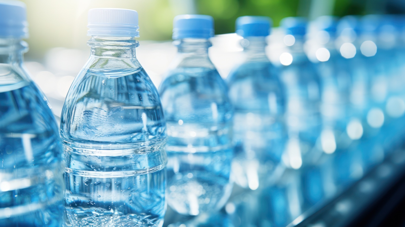 Wasserflaschen in einer Abfüllanlage.