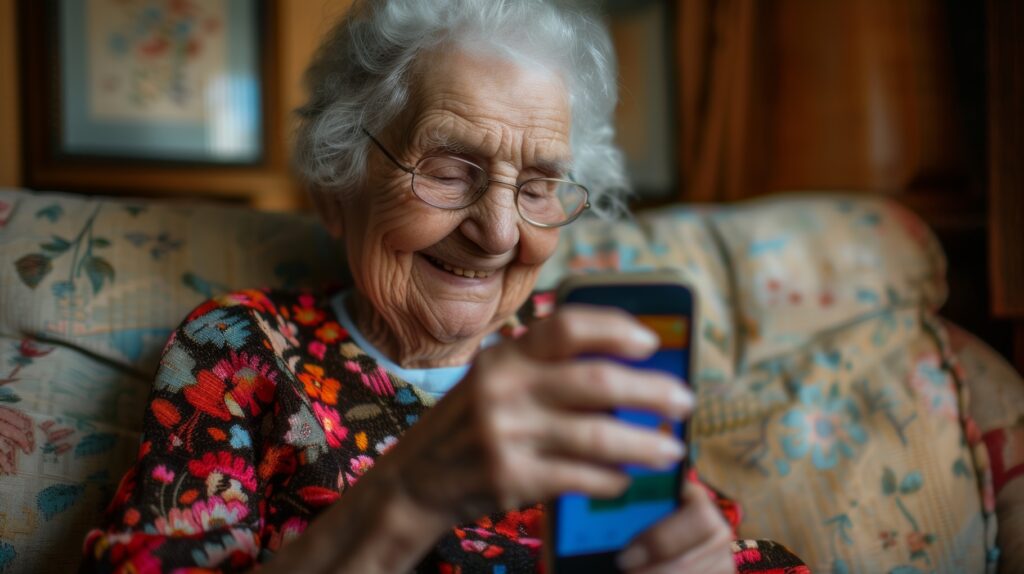 Eine Seniorin bedient auf der Couch ihr Handy.