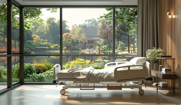 Ein Pflegebett mit Aussicht auf einen wunderschönen Garten und einem großen angelegten See.