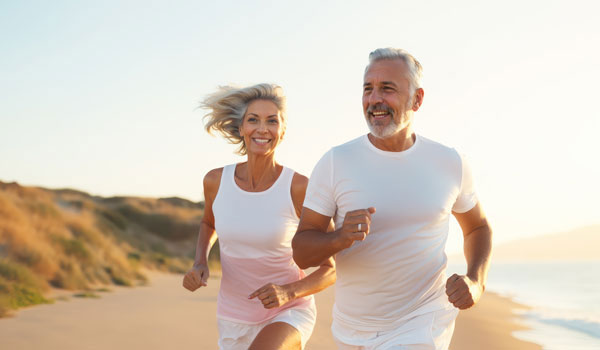 Ein Seniorenpaar joggt am Strand.