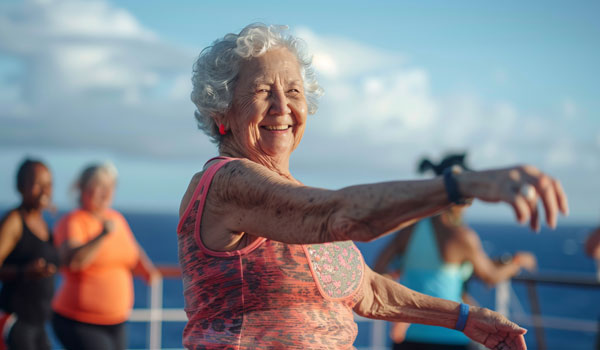 Seniorin fit und zufrieden auf einem Schiffsdeck.