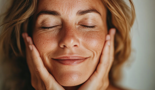 Eine Frau im mittleren Alter hält ihre Hände an ihren Backen.