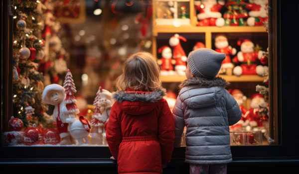 Zwei Kinder stehen vor einem weihnachtlich, geschmücktem Schaufenster.