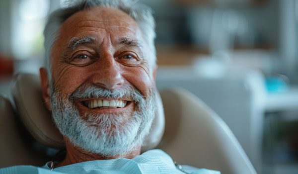 Ein Senior lächelt auf einem Zahnarztstuhl.