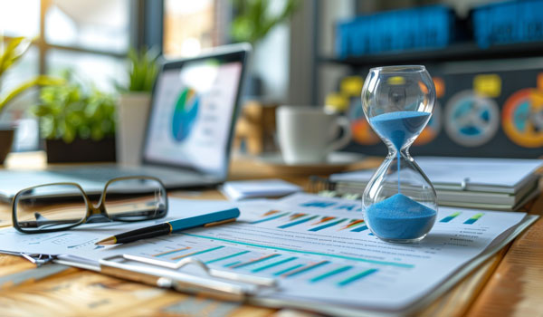 Ein Schreibtisch mit einer Sanduhr, einem Notebook und einem Formular für Zeiterfassung.