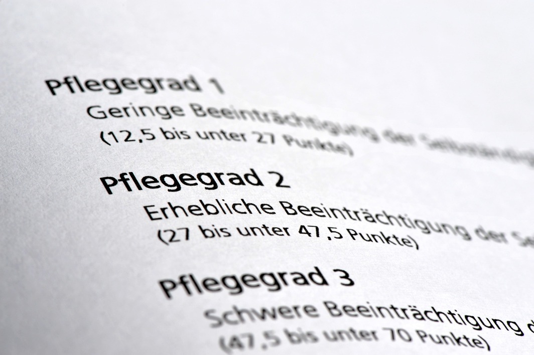 Textausschnitt mit den Pflegegraden 1, 2 und 3 und deren Beschreibungen zu Beeinträchtigungen und Punktzahlen