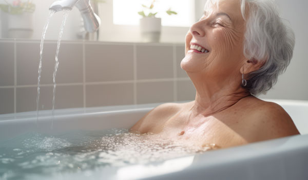 Eine Seniorin sitzt in der Badewanne. Sie genießt die wohltuende Wärme des Wassers, welches durch einen Wasserhahn hineinläuft.