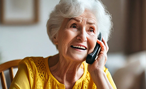 Ältere Frau mit grauen Haaren trägt eine gelbe Bluse und hält ein Telefon ans Ohr.