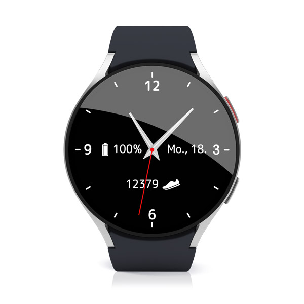 Die Galaxy Notrufuhr von Samsung mit schwarzem Armband, zeigt Uhrzeit, Datum.