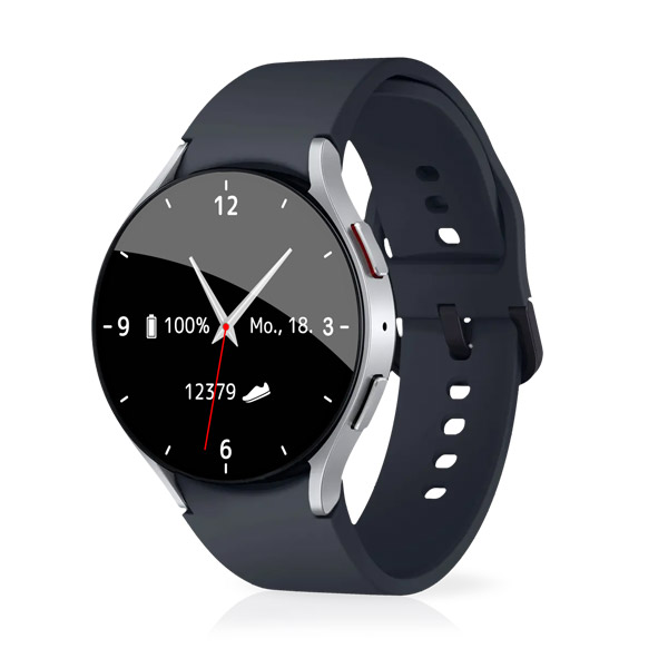 Die Galaxy Notrufuhr von Samsung mit schwarzem Armband, zeigt Uhrzeit, Datum.