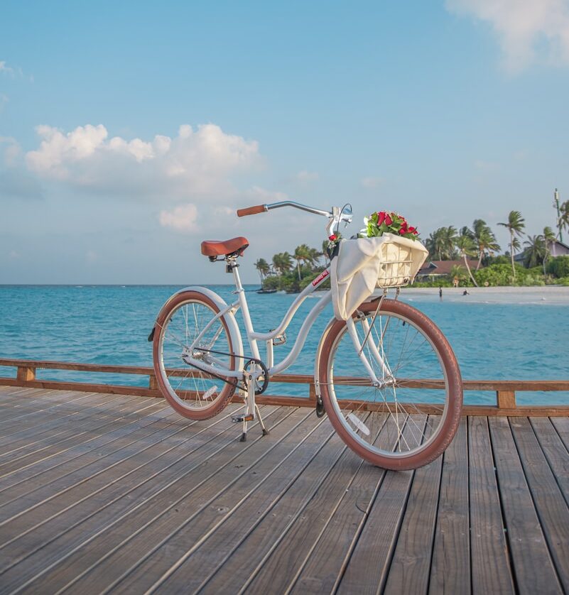 Weißes Fahrrad mit braunem Sattel und Lenker steht auf Holzsteg am Meer, Korb mit roten Blumen vorne