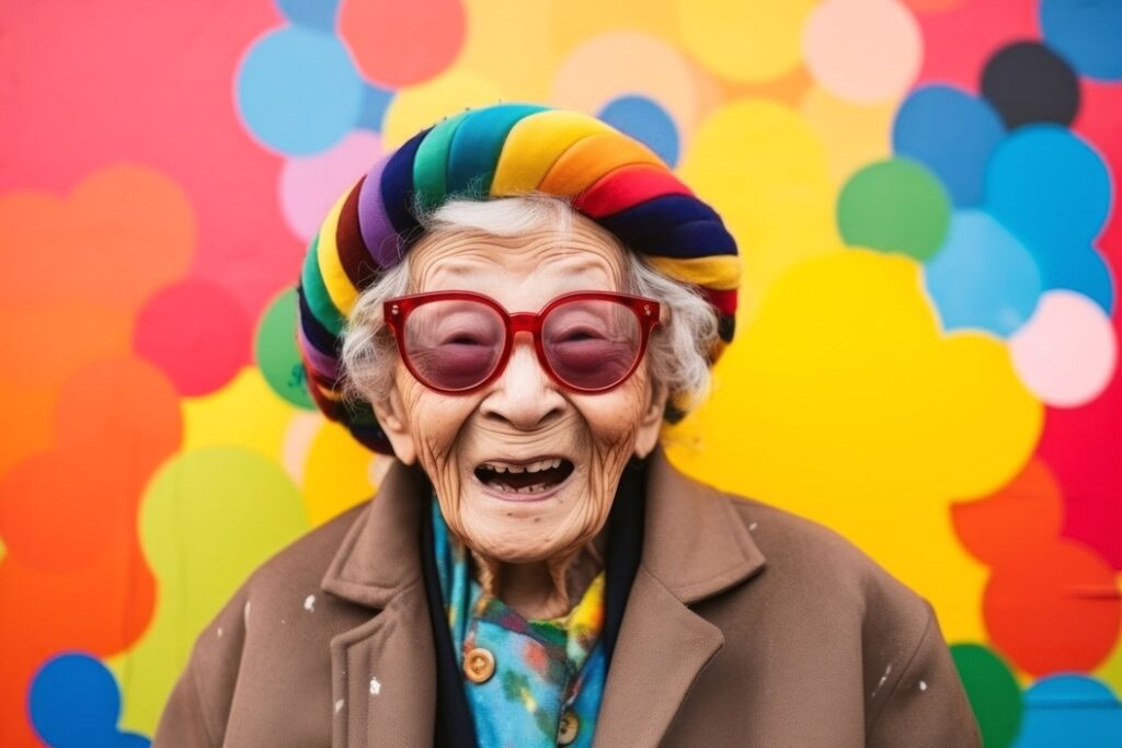 Eine 100-jährige Frau mit Sonnenbrille, die glücklich in die Kamera lacht. Der Hintergrund und ihre Kopfbedeckung sind bunt.
