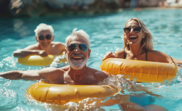Drei fröhliche Senioren baden im Pool mit Schwimmringen.